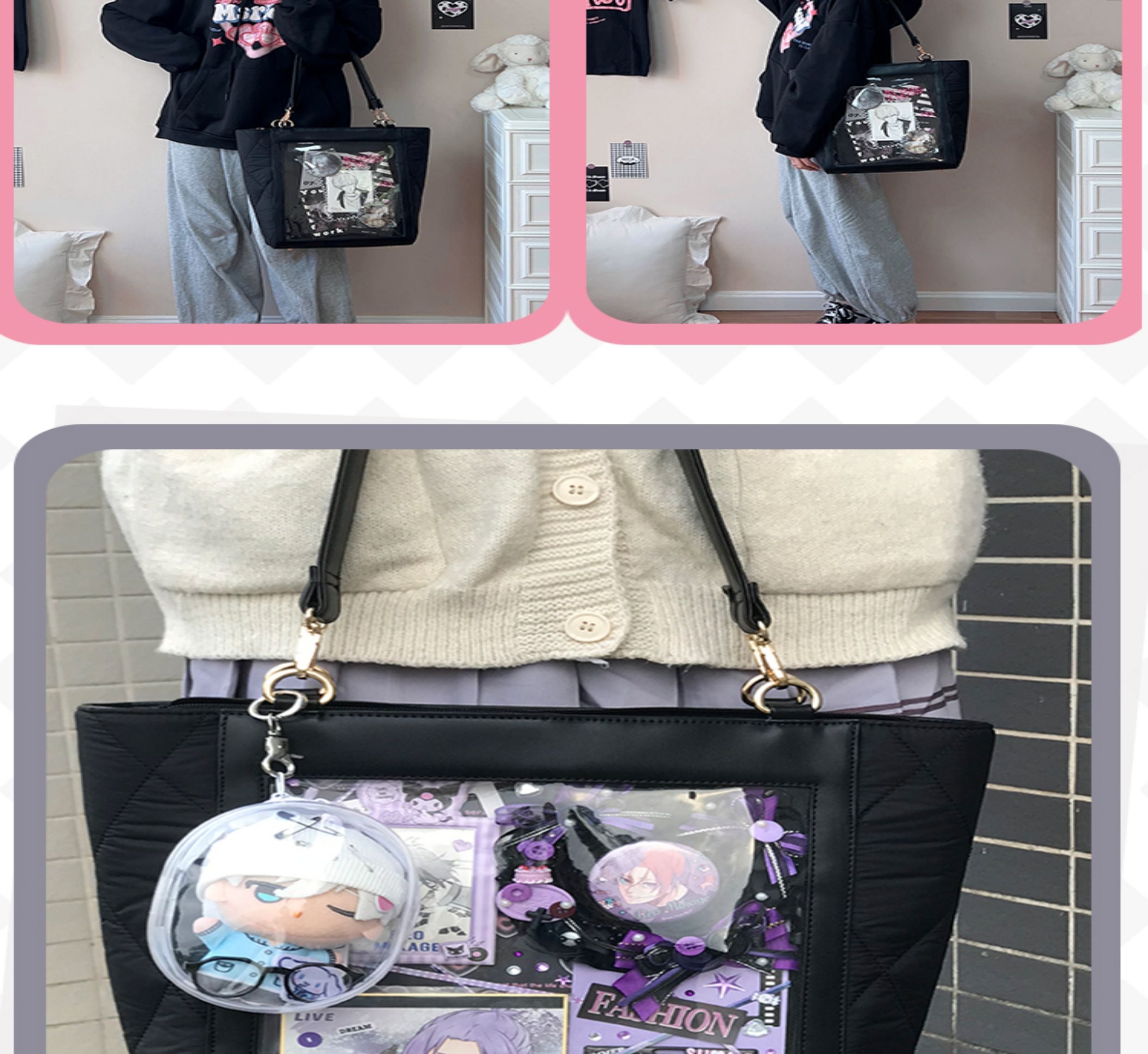 電波博物館 ダイヤ格子B 大容量トート痛バッグ A4ファイル縦向収納可