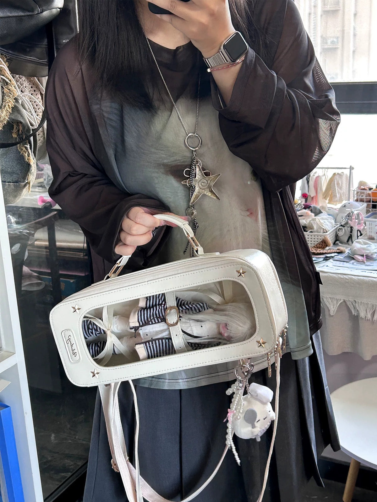 呜咚小舗オリジナル デイリーBJDドールバッグ 斜め掛け 透明 1/6 BJD対応 痛バッグ 「人形ショーケース」