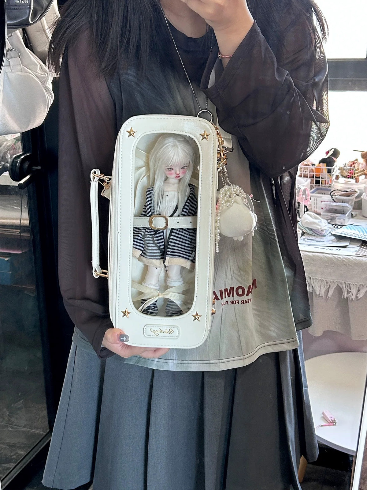 呜咚小舗オリジナル デイリーBJDドールバッグ 斜め掛け 透明 1/6 BJD対応 痛バッグ 「人形ショーケース」